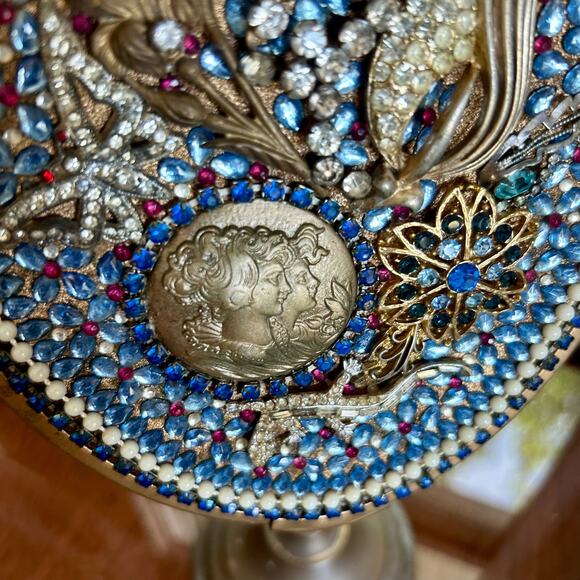 Vintage Tabletop Vanity Mirror with Ornate Floral and Rhinestone Embellishments - Picture 6 of 16